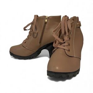 Brown Ankle Boots with Chunky Heel, Lace-up  and Zipper Closure woman’s 9